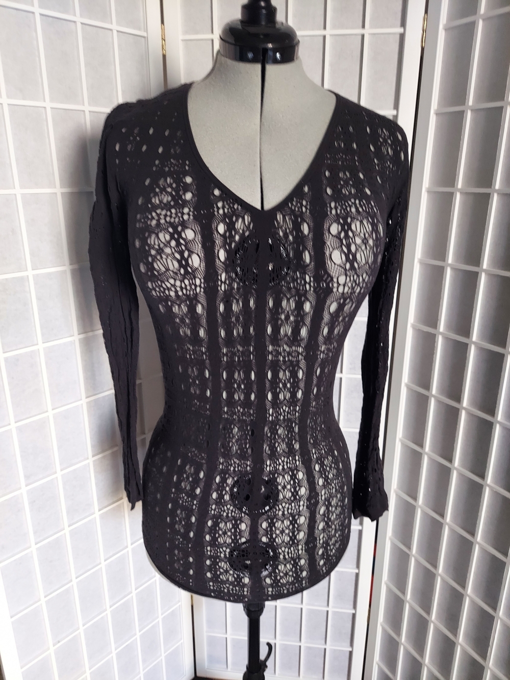 Killstar Black Sheer Crochet V-Neck Long Sleeve Top